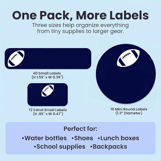 Label Daddy Personalized Name Labels for School, Football Design | Waterproof Name Tags for Kids, Washable Daycare Labels, Clothing, Lunch Boxes, Water Bottles and More, 128 Ct