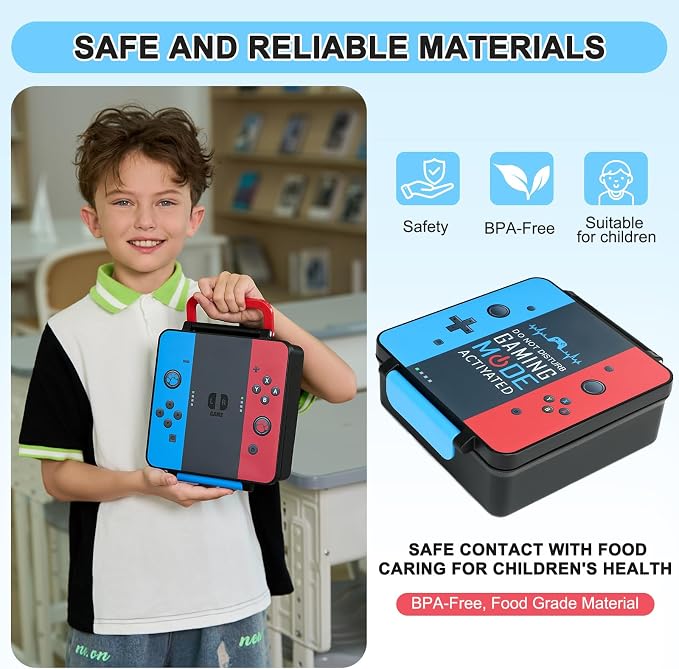 Gamer Bento Lunch Box for Kids, 60 OZ Kids Lunch Box with 8 OZ Leakproof Stainless Steel Insulated Food Jar, 3-4 Compartments Bento Box for School, Includes Sauce Cup & Divider (Blue-Red-A)
