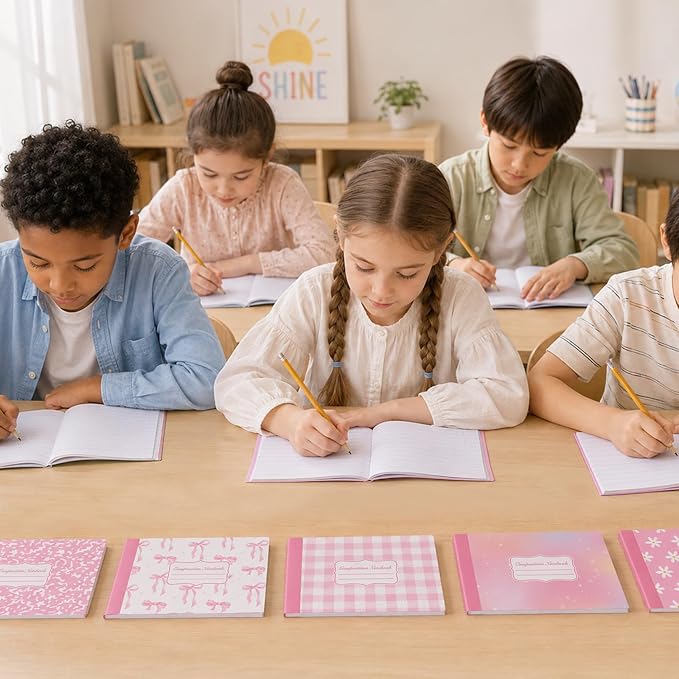 6 Pack Half Size Composition Notebooks Wide Ruled Marble Journal, Pink