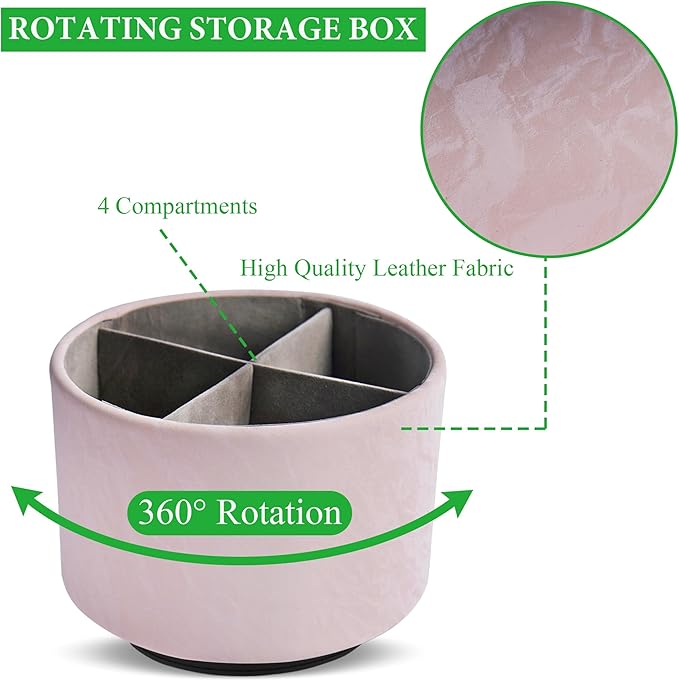 Round Leather Art Supply Organizer,Remote Control Holder,360 Degree Spinning,Multi-Functional Pencil Holder,4 Compartments Desktop Stationary Organizer(1-Hill Pink)