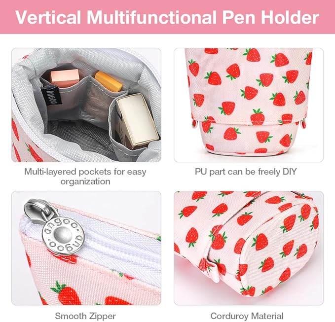 Cute Standing Pencil Case Pen Holder for Kids, Pop Up Stand UP Bubble Tea Pen Organizer Kawaii Stationary for Christmas Holiday New Year Office (Strawberry)