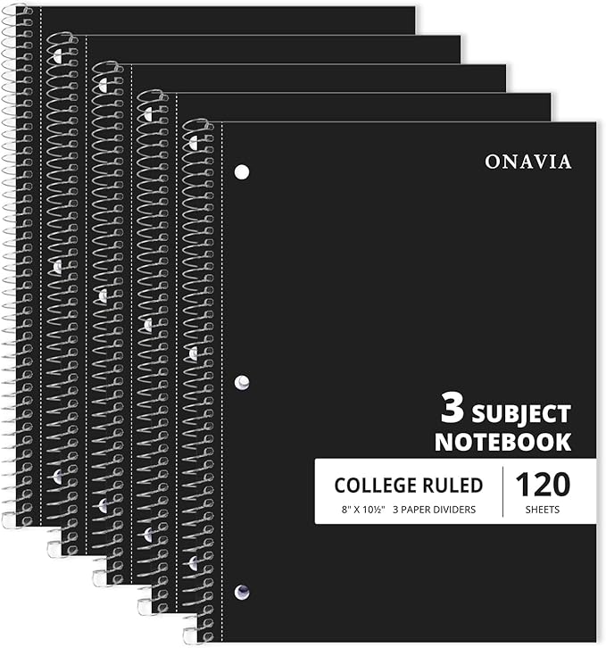 ONAVIA 3 Subject Spiral Notebook, 5 Pack, College Ruled, 8 x 10.5 in, 120 Sheets, 3-Hole Punched with Dividers and Double-Sided Pockets for School, Study, Homework, Black