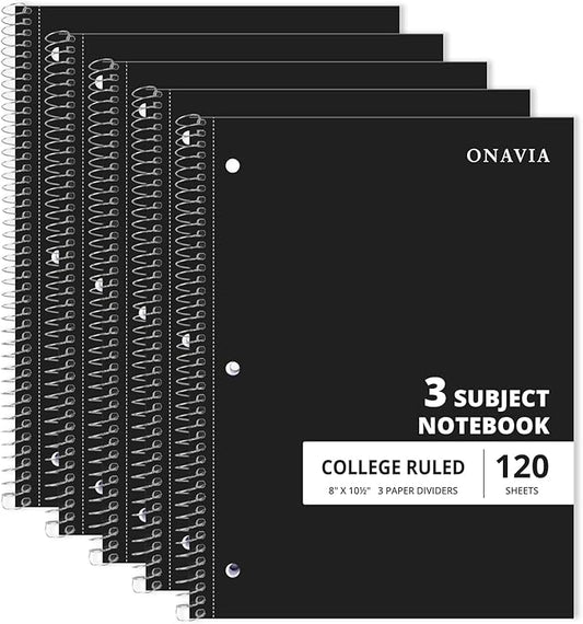 ONAVIA 3 Subject Spiral Notebook, 5 Pack, College Ruled, 8 x 10.5 in, 120 Sheets, 3-Hole Punched with Dividers and Double-Sided Pockets for School, Study, Homework, Black