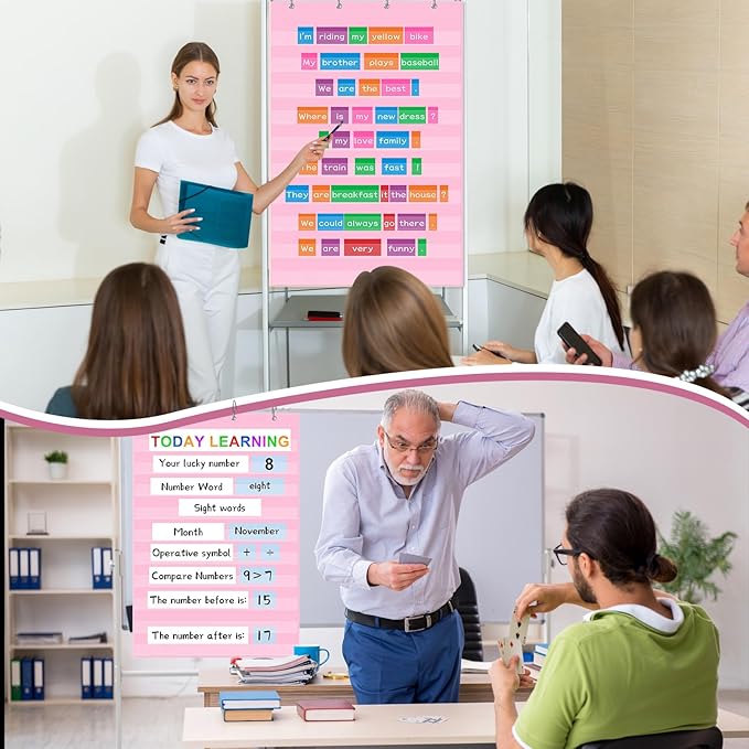 Standard Pocket Chart 28 x 43 Inches Transparent 10 Pocket Charts for Word Walls Letter Cards Sentence Strips School Classroom Supplies Home Back to School Teacher Gifts(Nude Pink)