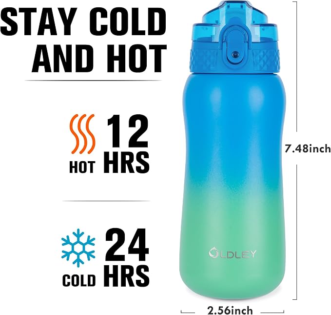 Oldley Insulated Water Bottle 12oz Water Bottles with Straw, Stainless Steel Water Bottle with 2 Lids,Double Wall Vacuum Bottel for Kids, Leak-Proof Sport Bottle for School Travel,Tropical Rainforest