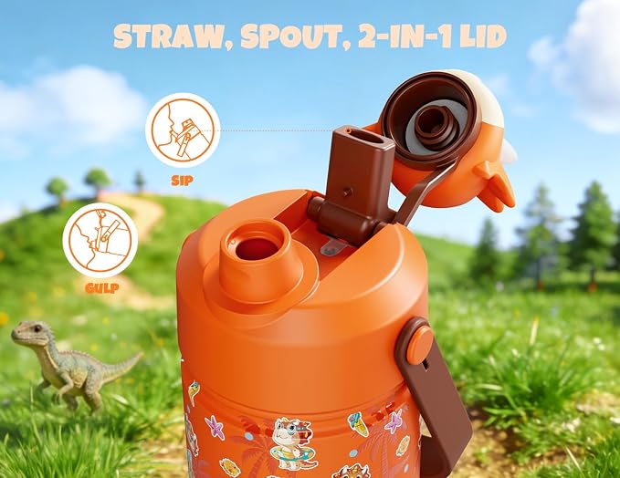 POWCAN 12 oz Kids Water Bottle Insulated: 2-in-1 Straw Spout Lid with Soft Animal Head, BPA-Free, Leakproof, Keep Cold 24H, Backpack Friendly, Stainless Steel Cup for School, Trip, Gift (Sunny Trike)