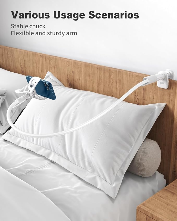 SAIJI Gooseneck Cell Phone Holder, Clamp Universal Lazy Mount Clip Hands Free Flexible Long Arm Bracket Grip for 4-7 Phones Mobile Stand Baby Monitor for Desk, Bed, Office, Kitchen (White)