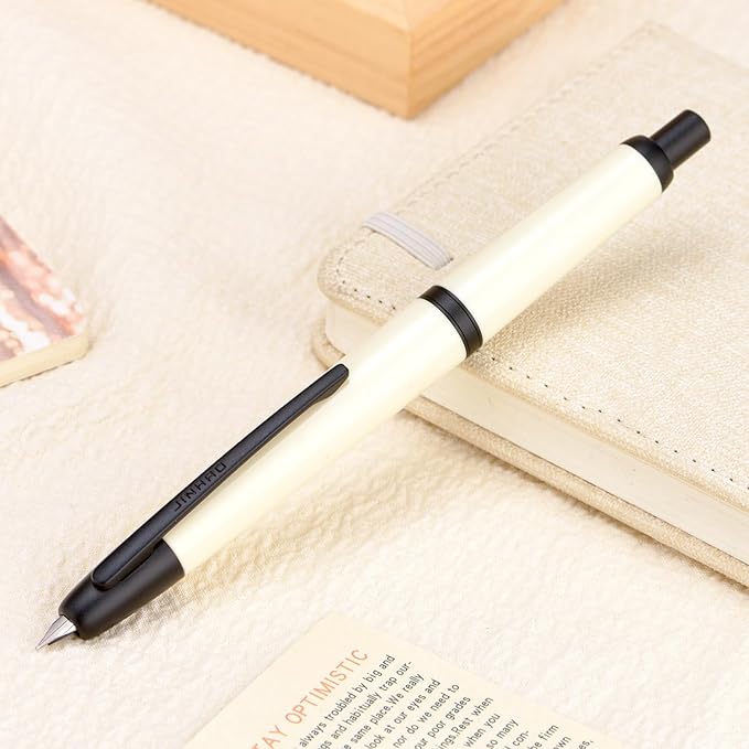 Jinhao 20 Press Fountain Pen, Ivory White Retractable Extra Fine Nib with Ink Converter Set (Black Clip)