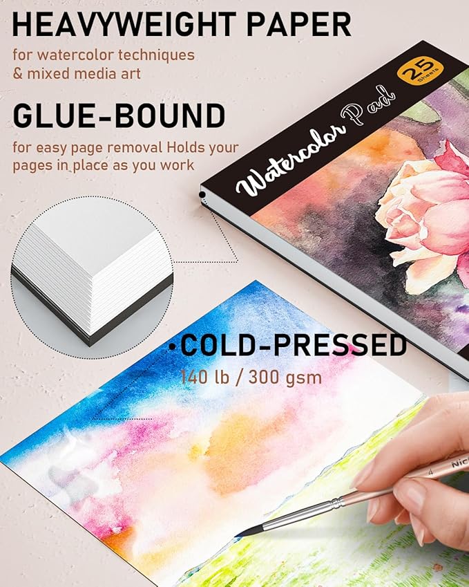 Nicpro 100 Colors Watercolor Paint Set, Metallic Macaron & Fluorescent, 8 Synthetic Squirrel Brushes, 25 Watercolor Paper, Palette, Art Supplies Kit for Artist Adult Beginner with Gift Box