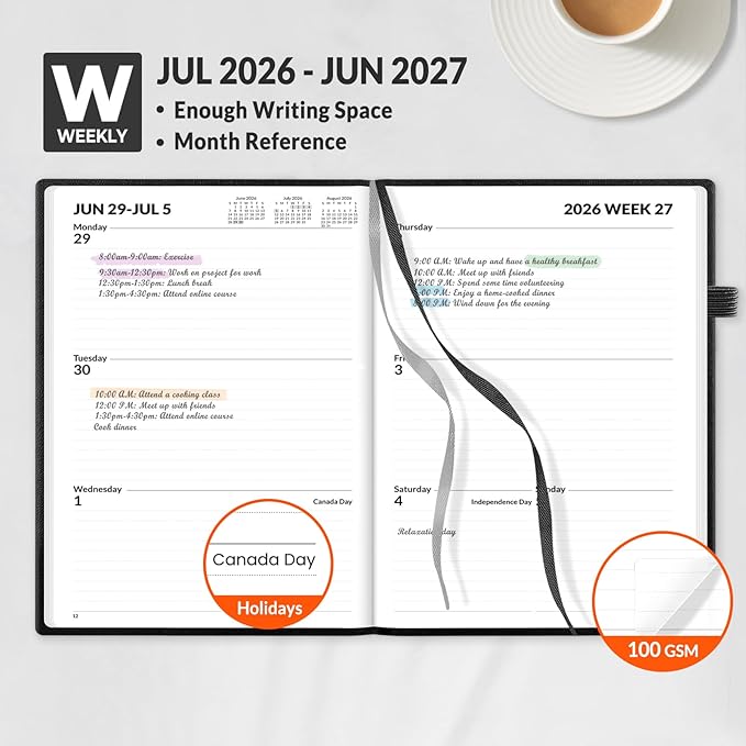 SUNEE 2026-2027 Weekly & Monthly Hardcover Planner 5.5" x 8.3" - 12 Month (July 2026 - June 2027), Small Academic Year Calendar Planner, Pocket, Notes, 100 GSM Paper, Black