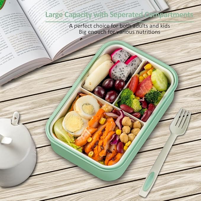 LOVINA Bento Boxes for Adults - 1100 ML Bento Lunch Box Container For Kids | Built-in Spoon & Fork - BPA-Free and Food-Safe Materials, Durable Perfect Size for On-the-Go Meal(Green)