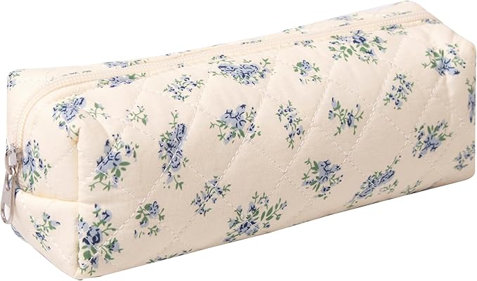 Pencil Case Office College School Storage Bag Pouch Holder Box Organizer Makeup Pouch Cosmetic Bag Aesthetic Cute Pen Case for Girls Boys Kids (Small blue flowers)