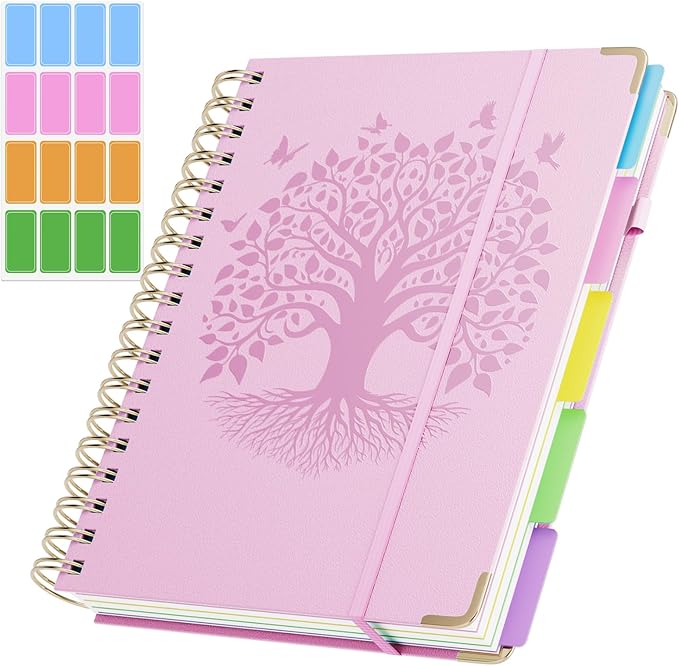 QIYVLOS Hardcover Spiral Notebook, B5 Journal with Removable Dividers Tabs, 5 Subject Notebook College Ruled, 320 Pages 8"x10" Leather Notebooks for Work School Study, Lined Journal for Women, Pink