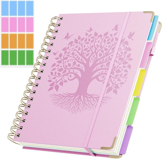 QIYVLOS Hardcover Spiral Notebook, B5 Journal with Removable Dividers Tabs, 5 Subject Notebook College Ruled, 320 Pages 8"x10" Leather Notebooks for Work School Study, Lined Journal for Women, Pink