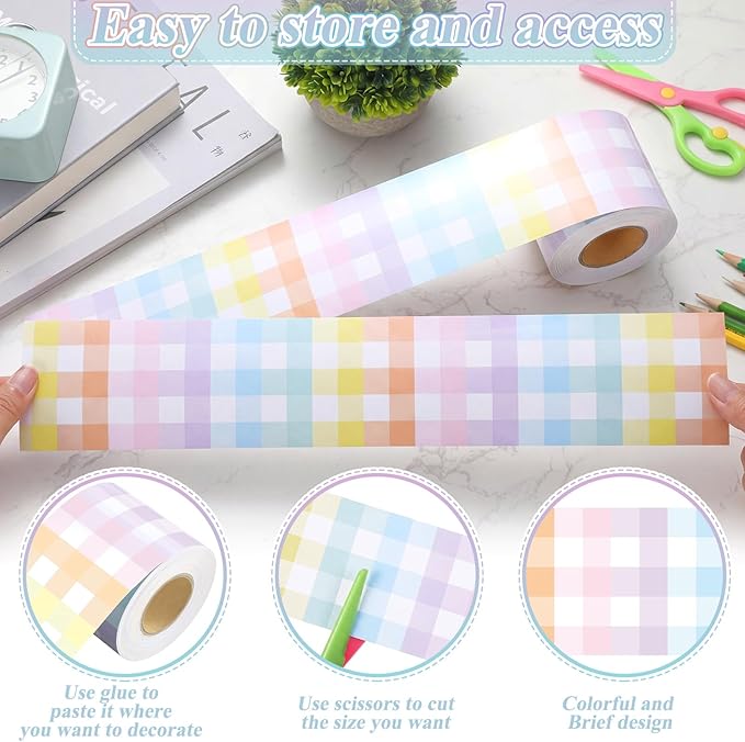 65.6 Ft Pastel Gingham Bulletin Board Border Die Cut Straight Border Trim Plaid Checkered Classrooms Decor for Whiteboard Wall Desk Window Door Locker Office School Party