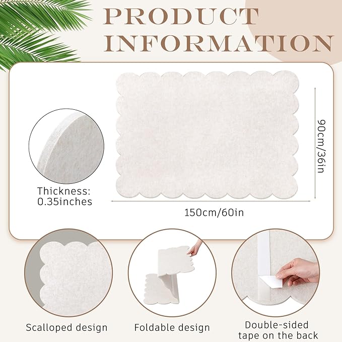 Mooliwe Scalloped Felt Bulletin Board 60 x 36 Inches Foldable Beige Pin Cork Board Alternative for Wall, 5' x 3' Trifold Picture Vision Self Adhesive Bulletin Decorative