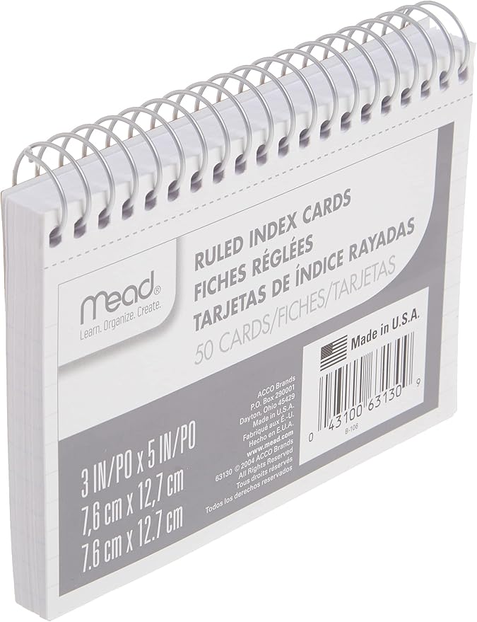 Mead Index Cards, 3" x 5", Ruled Front, Blank Back, 50 Cards, White (63130)