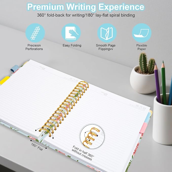 Spiral Journal Notebooks for Work, 300 Pages 5 Subject Notebook College Ruled with Dividers & Tabs, A5 Notebook Journal for Women Students Note-Taking and Organizer (Blushing Rose)