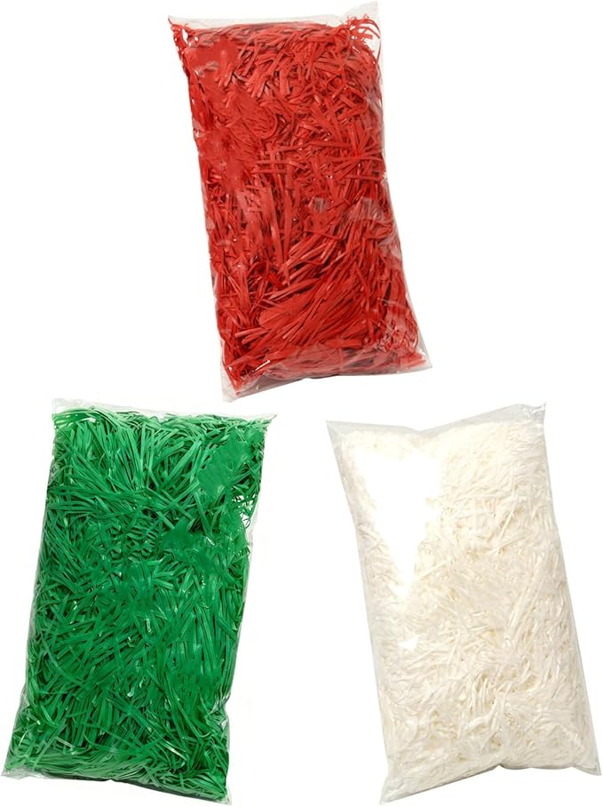 Raffia Paper Shreds, 300g Shredded Paper for Gift Box, Christmas Shred Filler for Gift Wrapping & Basket Filling(Red, white, green)