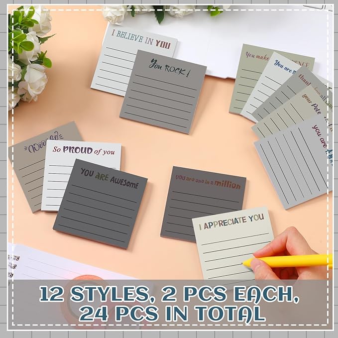 Yinder 24 Pcs Inspirational Sticky Notes Cute Motivational Sticky Notes Pad End of Year Employee Appreciation Gifts Bulk for Teacher Nurse Coworkers Office Supplies 3 x 3'' (Appreciation,Neutral)