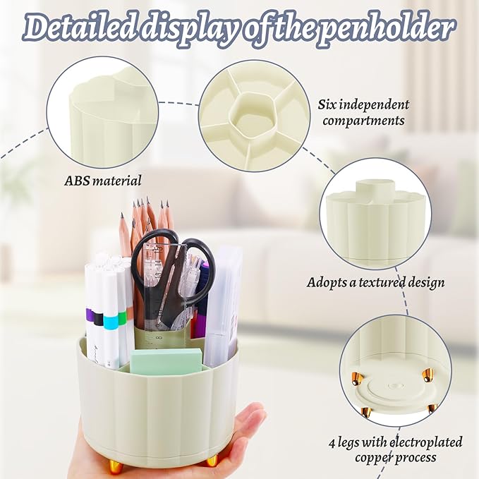 360 Degree Rotating Pen Holder for Desk, 6 Slots Desktop Organizer Caddy for Pens, Pencils, Markers, Multi-Functional Pencil Cup & Office Supplies Holder, Beige