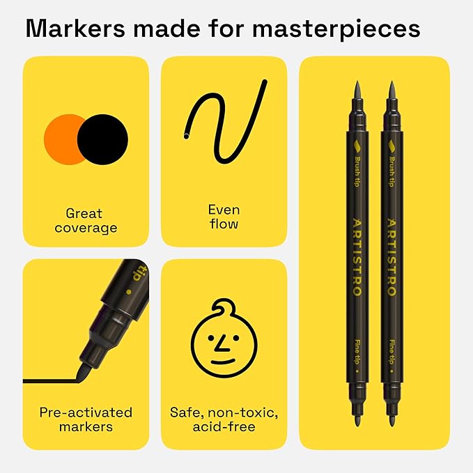 ARTISTRO 5 Black Dual-Tip Fabric Markers - Fabric Decorating Kit - Permanent for Clothes - Acrylic Paint Pens for Sneakers, Bags, Shoes, Textile, Canvas, Sewing, Craft, DIY - Brush and Fine Tip