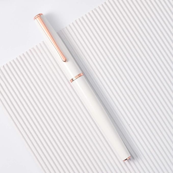HongDian 920 White Metal Fountain Pen, Gold Plated Fine Point and Trim Classic Pen with Ink Converter, Smooth Writing Pen