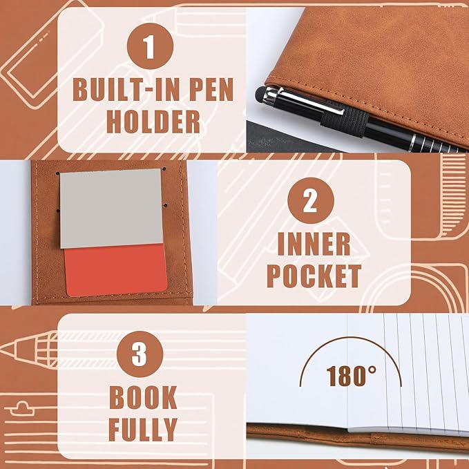 Outus 10 Pcs Mini Pocket Notepad Holder Set Included Small Leather Pocket Notebook Holder with 50 Lined Sheets, Metal Pen, 8 Pcs 3 x 5 Inch Memo Book Refills, 30 Lined Paper Per Note Pad (Camel，white)