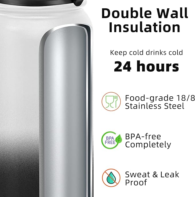 Fanhaw 20 oz Insulated Stainless Steel Water Bottle with Anti-Dust Chug Lid, Leakproof Vacuum Metal Everyday Use Bottle for Kids, Teens & Adults, Back to School Essentials (White Black)