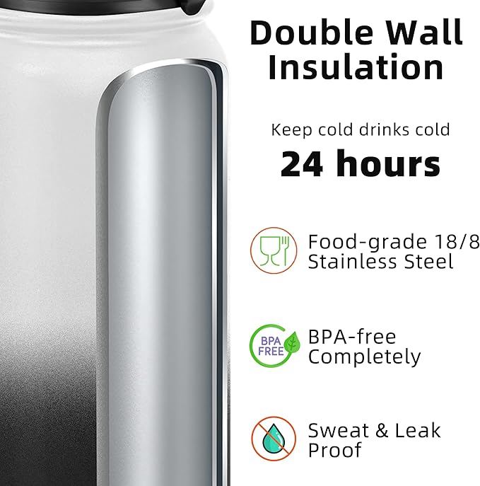 Fanhaw 20 Oz Kids Insulated Stainless Steel Water Bottle with Straw Lid, Leakproof & Anti-Dust Everyday Use Bottle for School, Women & Men, Back to School Essentials (White Black)