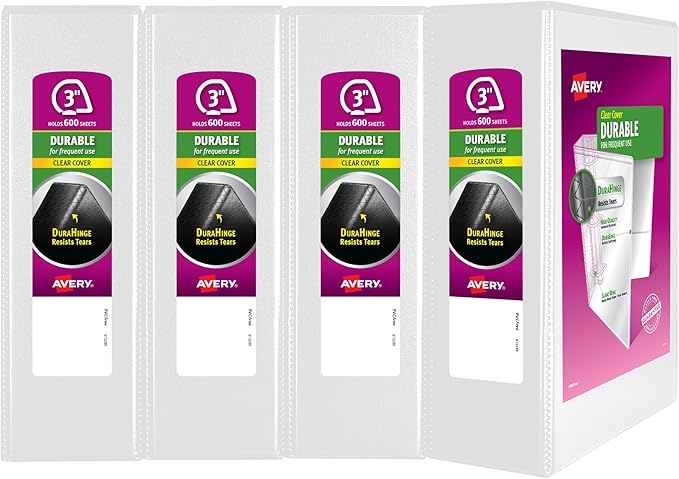 Avery 3 Ring Binder 3 Inch Slant Rings Durable View, White Binder for Home, Office, or School Use, 4 Pack (17030)