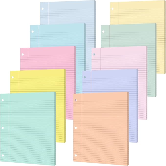 gisgfim 100 Sheets Loose Leaf Binder Paper, 8" x 10.5" Colored College Ruled Paper, 3 Hole Punched Lined Refill Inserts Thicken for 3-Ring Binders Notebooks Planner Writing School Office (Pastel)