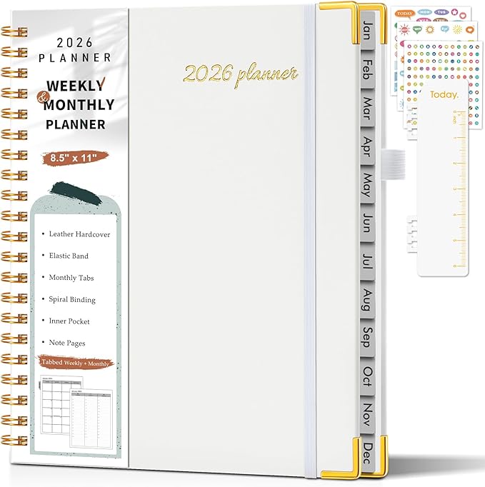 2026 Planner, Weekly and Monthly Calendar Planner from January 2026 - December 2026, 8.5" x 11" Hardcover Leather Hourly Appointment Book with Tabs, Spiral Daily Planners for College School Work Home, White