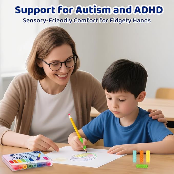 Textured Pencil Grips for Kids, Teens & Adults – 24PC Sensory Fidget Toys for ADHD, Autism, Anxiety & Stress Relief - Ideal for Teachers as Educational Tools or Classroom Rewards