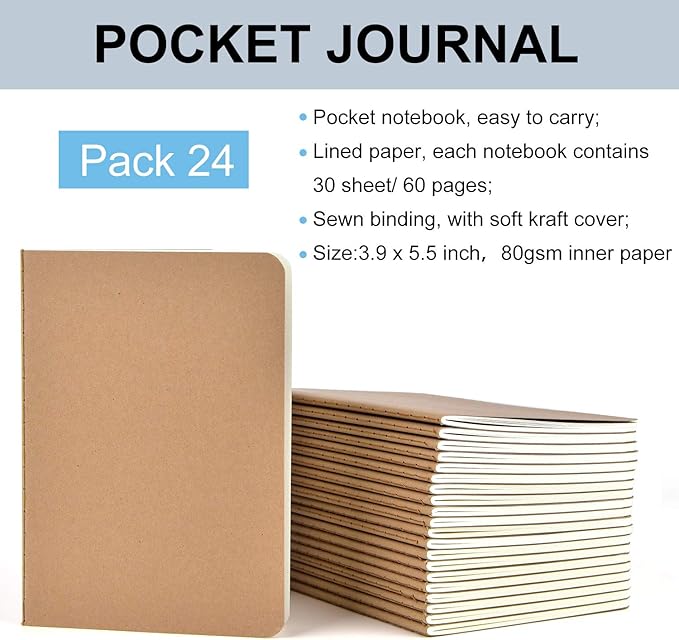 SAYAYA 24 Pack A6 Kraft Paper Small Notebooks Bulk, 4x6 Pocket Notebook with 60 Lined Pages, Mini Travel Journal, Sketchbook, Note, Memo Pads for Gifts, Students, Classroom, Business, Office Supplies