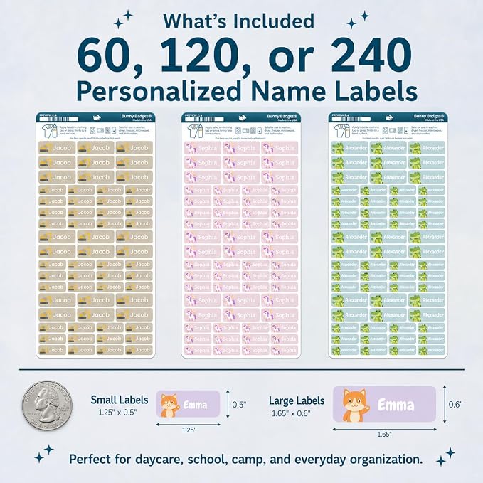 Bunny Badges Personalized Name Labels for Kids (60, 120, or 240 Count) Custom Daycare Labels & Name Stickers for Clothing Tags, Water Bottles, Lunch Boxes and School Supplies (Safari Animals)