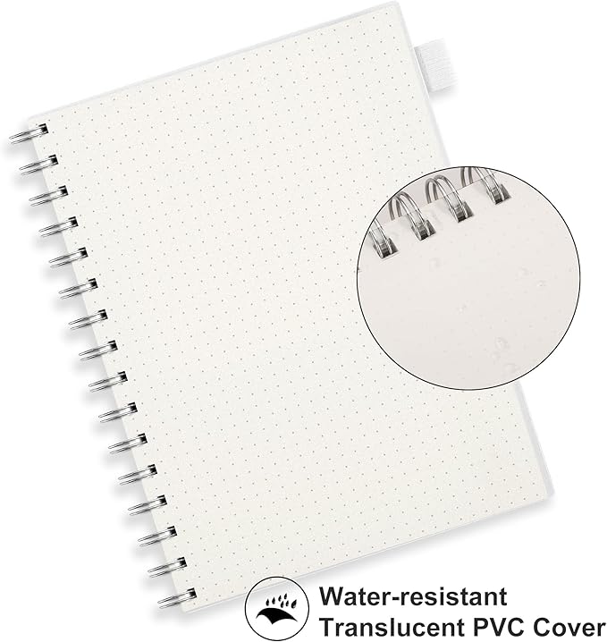 RETTACY Dotted Journal Notebook, 300 Pages, A5 Medium Size (5.7'' × 8.2''), 100 GSM Thick Paper, Flexible Plastic Cover, Spiral-bound, for Journaling, Planning, Tracking (Transparent)