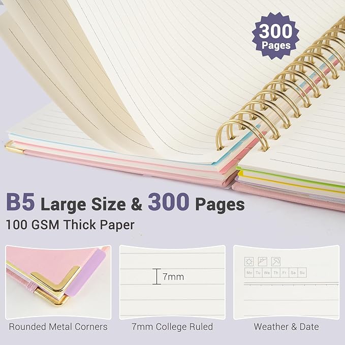 Hardcover Spiral Journal Notebook, 300 Pages 5 Subject Notebook College Ruled with Removable Dividers Tabs, 8" x 10" Notebooks for Work, Spiral Ruled Lined Writing Journal Hardcover Leather Notebook for School (Purple, 8''x 10'')