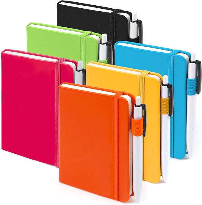 feela Pocket Mini Notebooks Bulk, Small Cute Memo Notepads Hardcover College Ruled Lined Journals with Pen Holder for School Business Work, with 6 Black Pens, 3.5”x 5.5”, 6 Pack, A6, Solid Colors