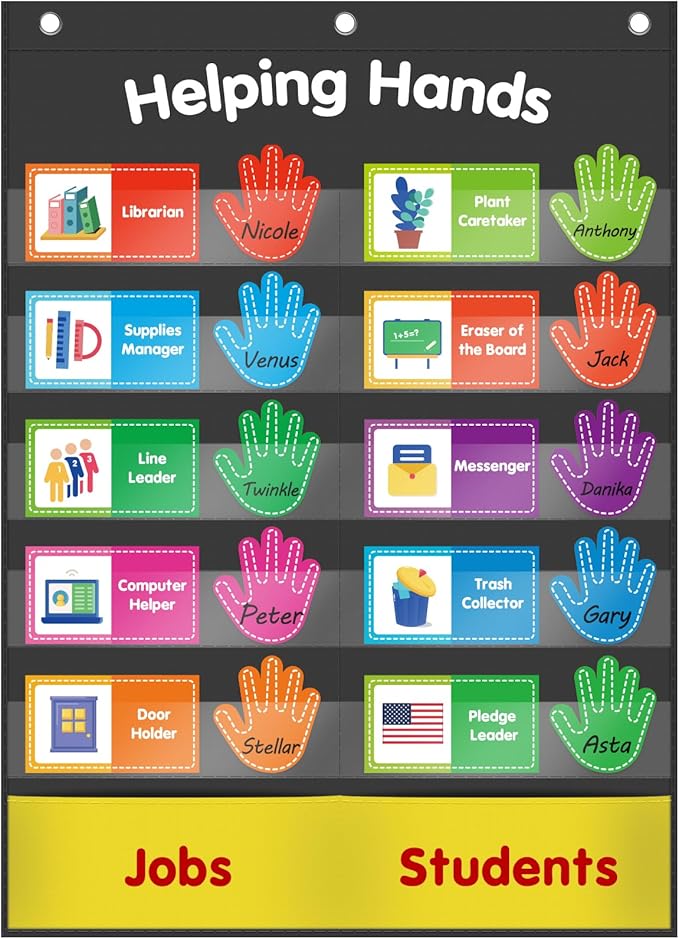ABCxGOOD Helping Hands Pocket Chart,Classroom Jobs and Management Pocket Chart, Preschool Classroom Must Haves Supplies, Great for Classroom Homeschool. (Black) (Black, 29"*20.5")