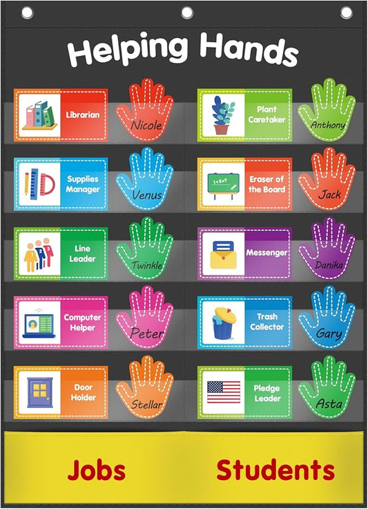 ABCxGOOD Helping Hands Pocket Chart,Classroom Jobs and Management Pocket Chart, Preschool Classroom Must Haves Supplies, Great for Classroom Homeschool. (Black) (Black, 29"*20.5")