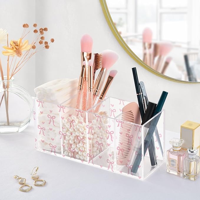 Aslsiy Cute Coquette Pink Bow Pen Holder White 4 Compartments Acrylic Pencil Holder Clear Makeup Brush Holder Desk Organizer Office Supplies