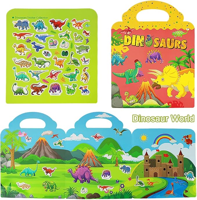 Reusable Sticker Books for Kids, 4 Sets Removable Toddler Sticker Book for Girls Boys Educational Learning Toys - Vehicle, Farm, Dinosaur & Zoo Animal