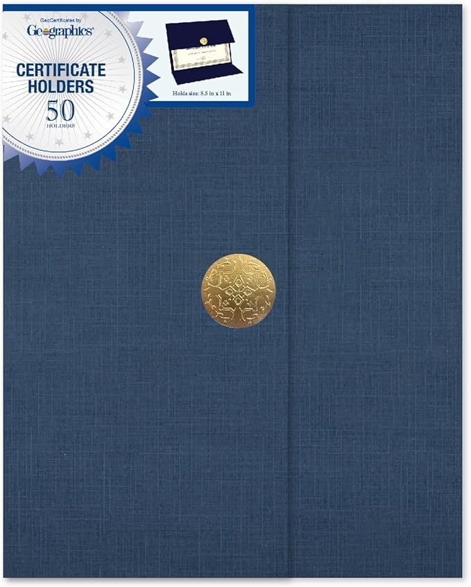 Geographics Certificate Holders - Tri-Fold Navy Linen 9.25x12.5 Inches - Embossed Die-Cut 80 lb Cover Stock - Silver Medallion Foil Stamp - Ideal for Awards - 218 GSM Document Holder