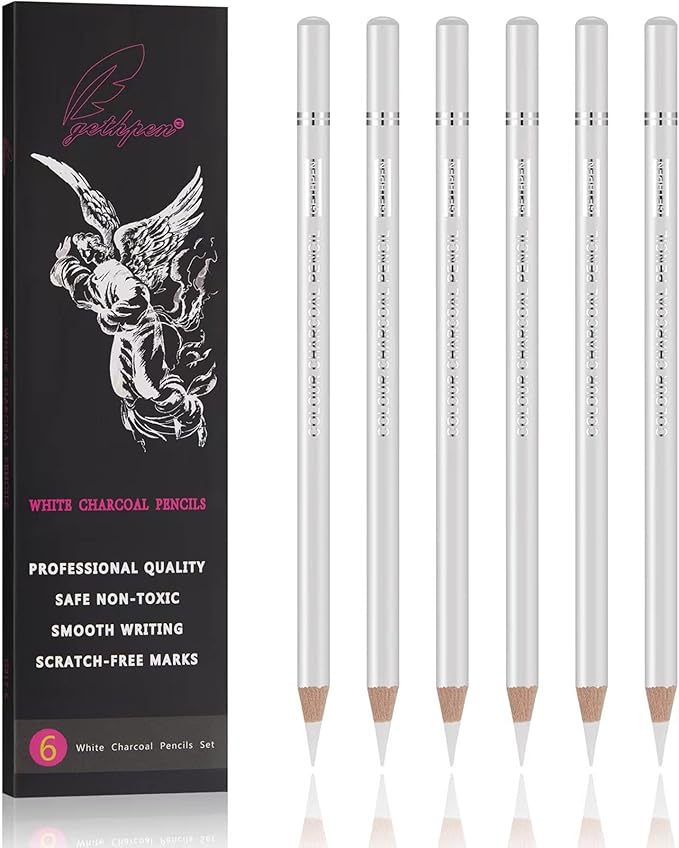 GETHPEN Professional White Charcoal Pencils Set - 6 Pieces Sketch Highlight White Pencils for Drawing, Sketching, Shading, Blending - Beginners & Artists