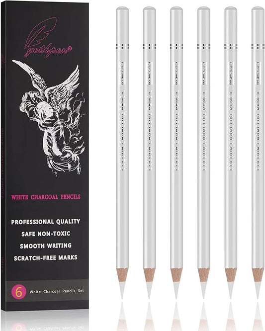 GETHPEN Professional White Charcoal Pencils Set - 6 Pieces Sketch Highlight White Pencils for Drawing, Sketching, Shading, Blending - Beginners & Artists