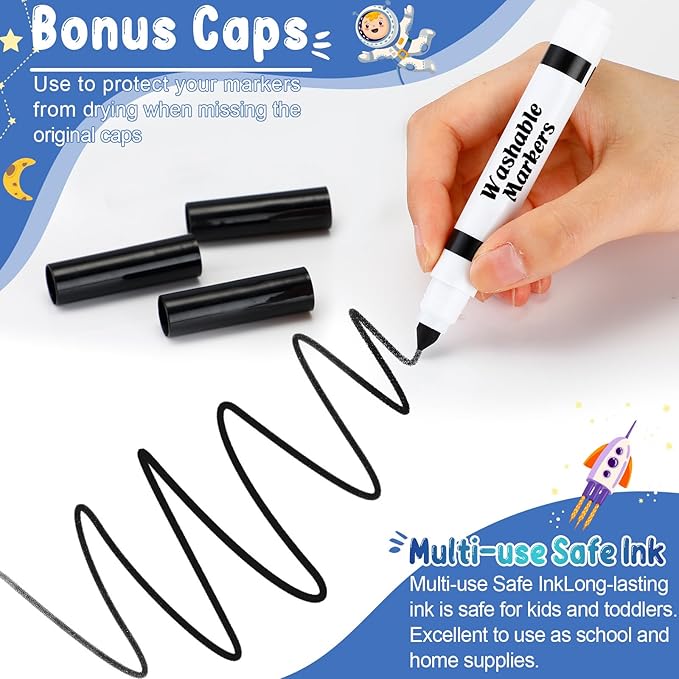 60 Pcs Black Washable Markers Bulk Coloring Broad Line Markers for Kids Conical Tip Black Drawing Pens for Classroom Back to School Travel Art Baby Shower Gender Reveal Supplies, Ages 6+