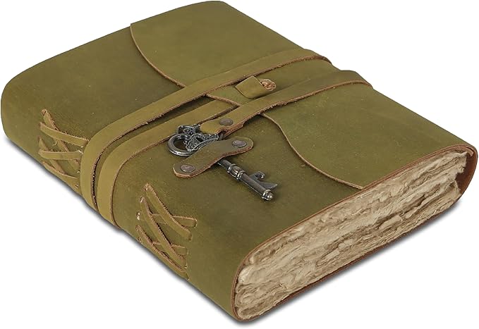 Leather Journal with Deckle Edge Paper 8x6 inch and Vintage Key | Handmade Writing Notebook Diary | Bound Daily Notepad for Men & Women Medium, Sketch/Writing pad for Artists