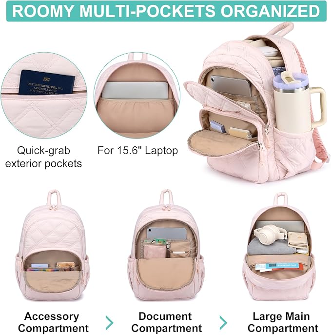 Backpack for Women Travel Bag: 15.6 Inch Laptop Backpacks Quilted College Bookbag Lightweight Casual Daypack Water-Resistant Computer Backpacks for Students Teacher Work Pink