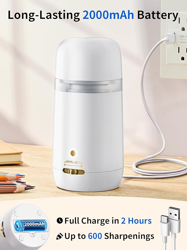 JARLINK Automatic Electric Pencil Sharpener - Hands-Free Operation, 3 Sharpness Modes, 3-Second Sharpening, Rechargeable & Portable for 7-12mm Pencils, Ideal for Classroom and Home Use (White)